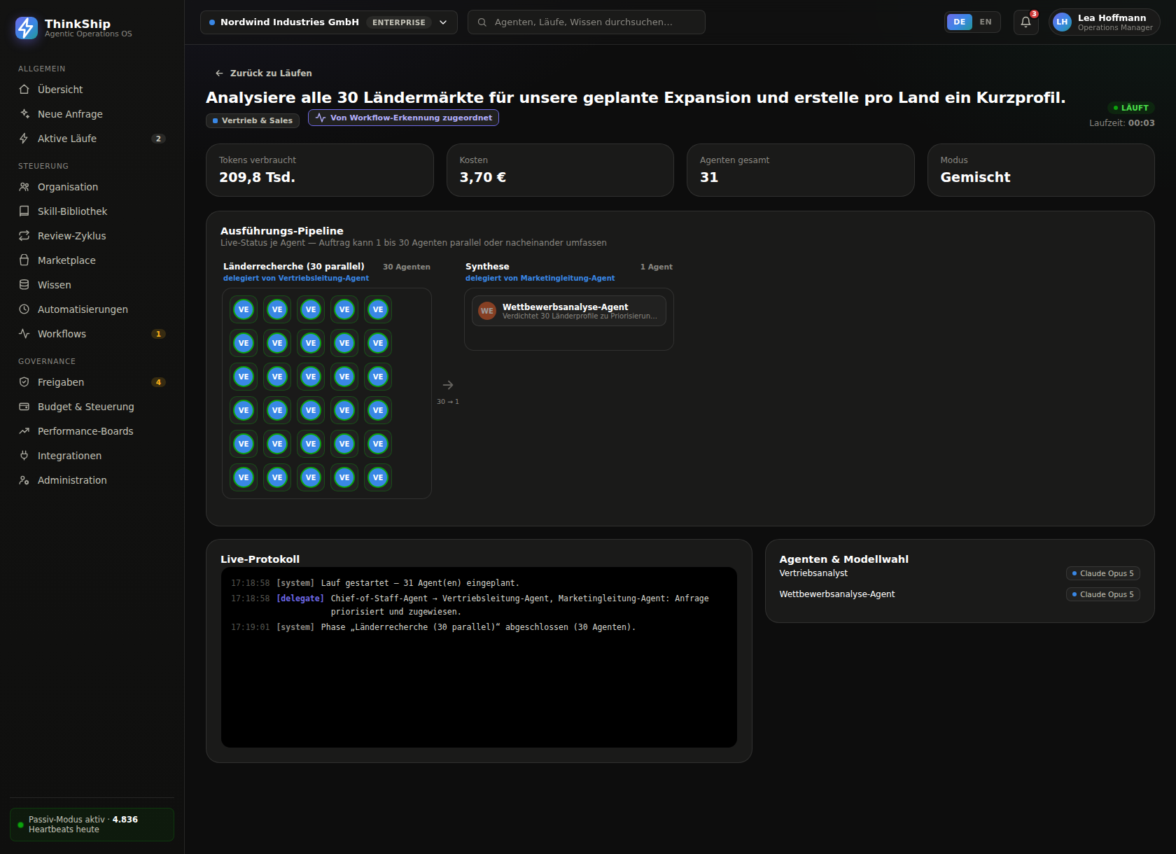 Screenshot: ThinkShip click-dummy, execution pipeline with 30 parallel agents